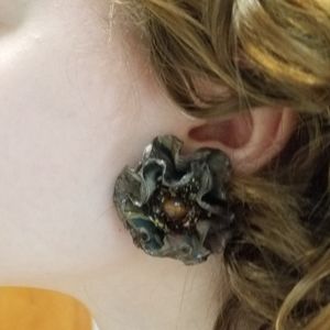 Handmade artisan  leather flower with bead earrings clip-on